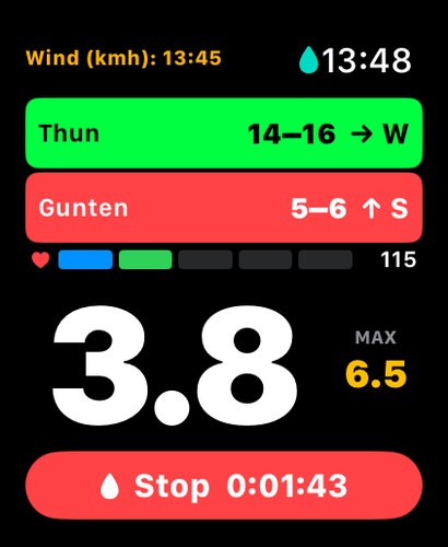 Session-Ansicht auf der Watch: Wind beider Stationen, Puls-Zone, aktuelles Tempo